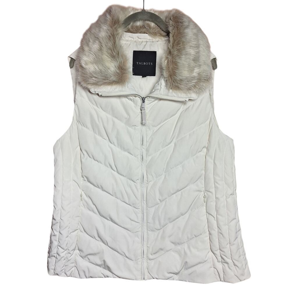 Talbots Faux Fur removable collar Down fill puffer vest in ivory quilted warm